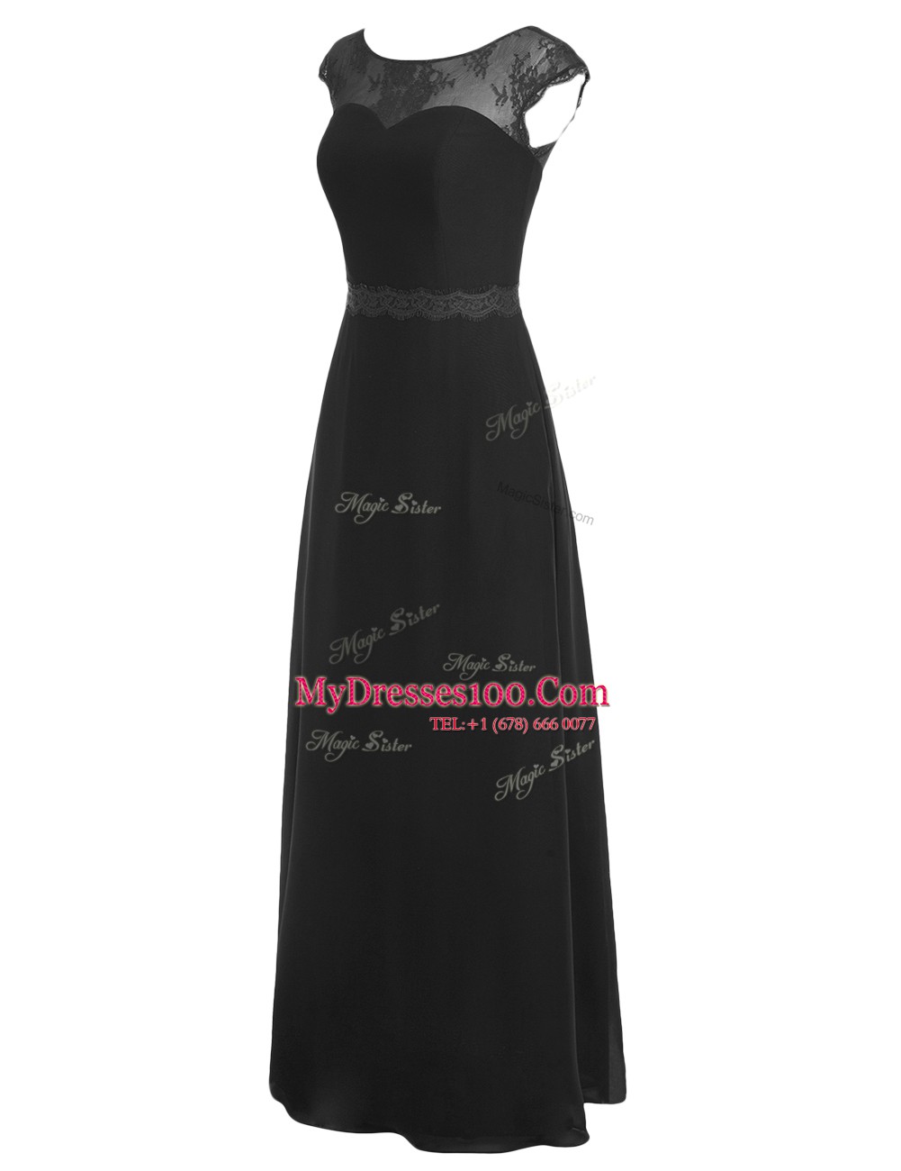 Eye-catching Scoop Black Cap Sleeves Appliques Floor Length Formal Evening Gowns