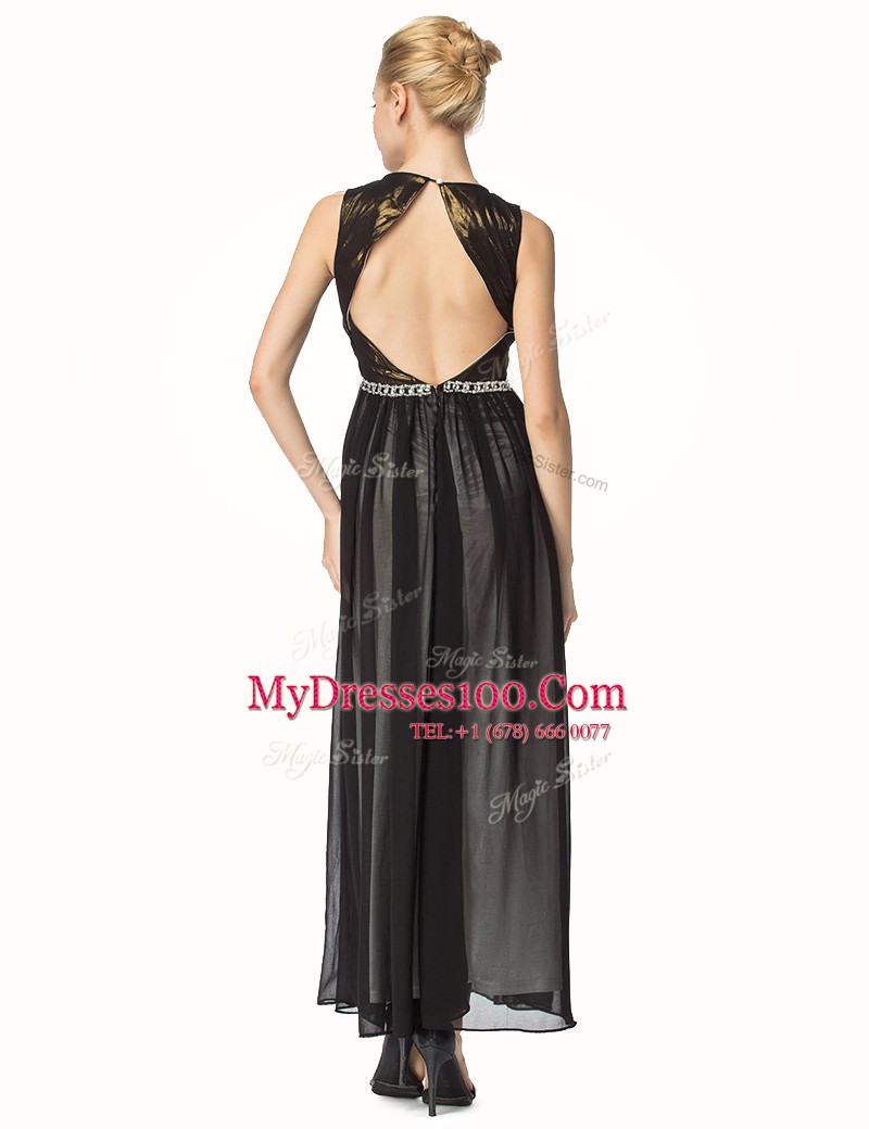 Cute Black Backless Mother Of The Bride Dress Beading and Pleated Sleeveless Ankle Length