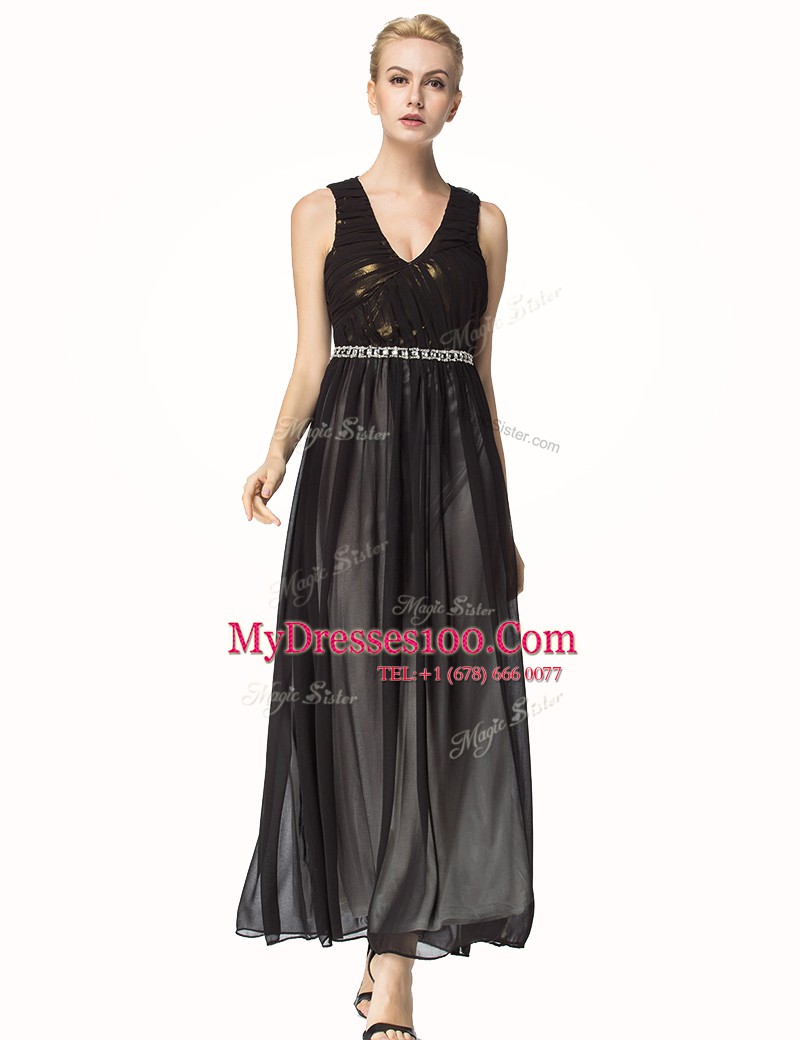 Cute Black Backless Mother Of The Bride Dress Beading and Pleated Sleeveless Ankle Length