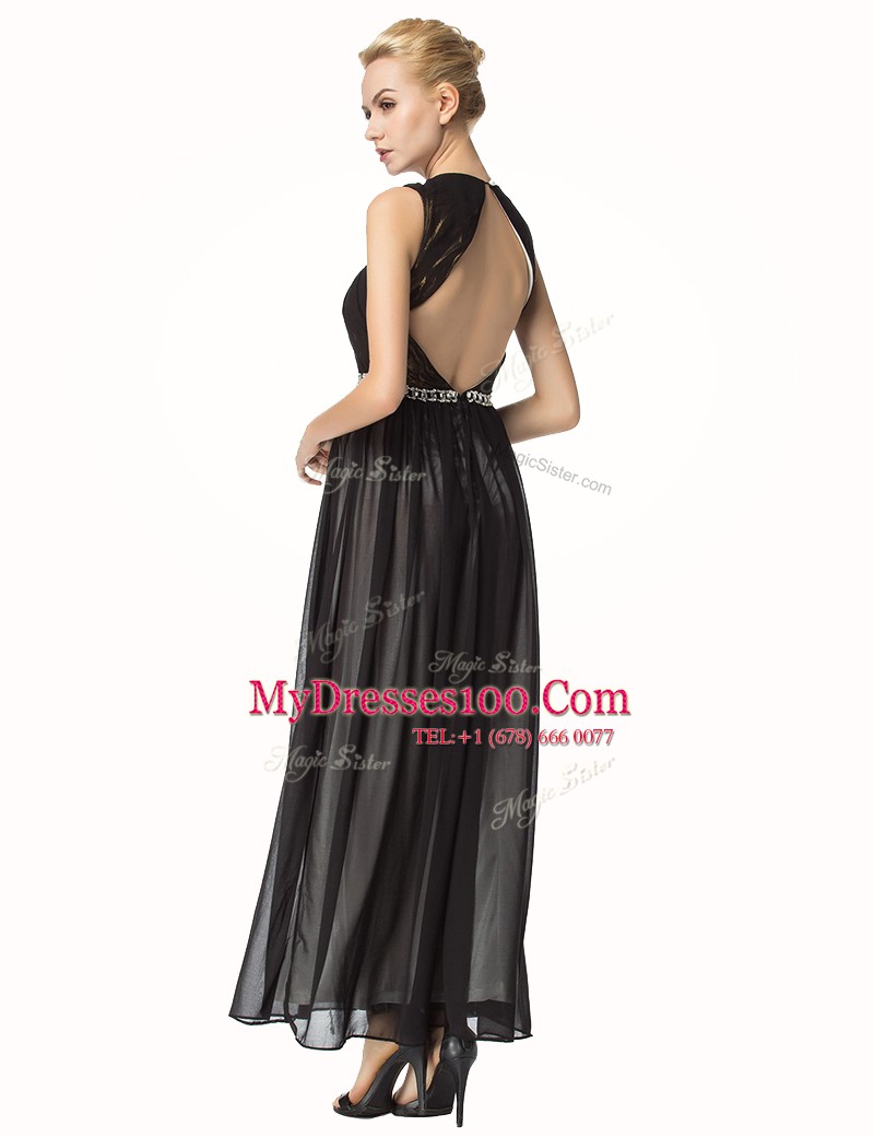 Cute Black Backless Mother Of The Bride Dress Beading and Pleated Sleeveless Ankle Length