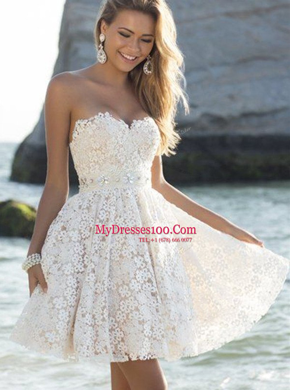 White A-line Lace Evening Dress Zipper Lace Sleeveless Mini Length