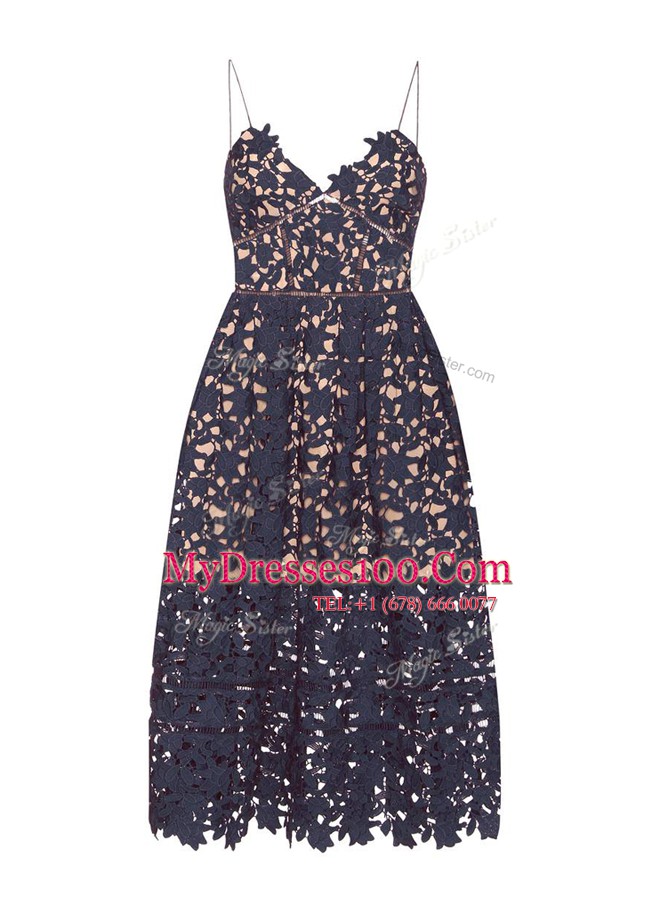 Navy Blue Homecoming Dress Prom and For with Lace Spaghetti Straps Sleeveless Zipper