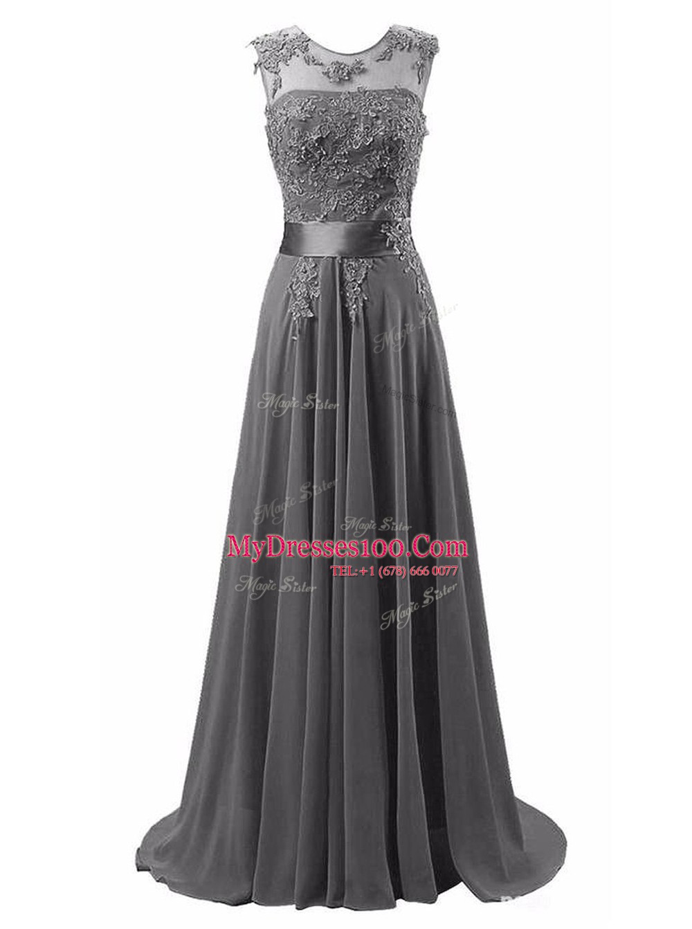 Simple Scoop Grey Chiffon Lace Up Sleeveless Brush Train Beading and Appliques