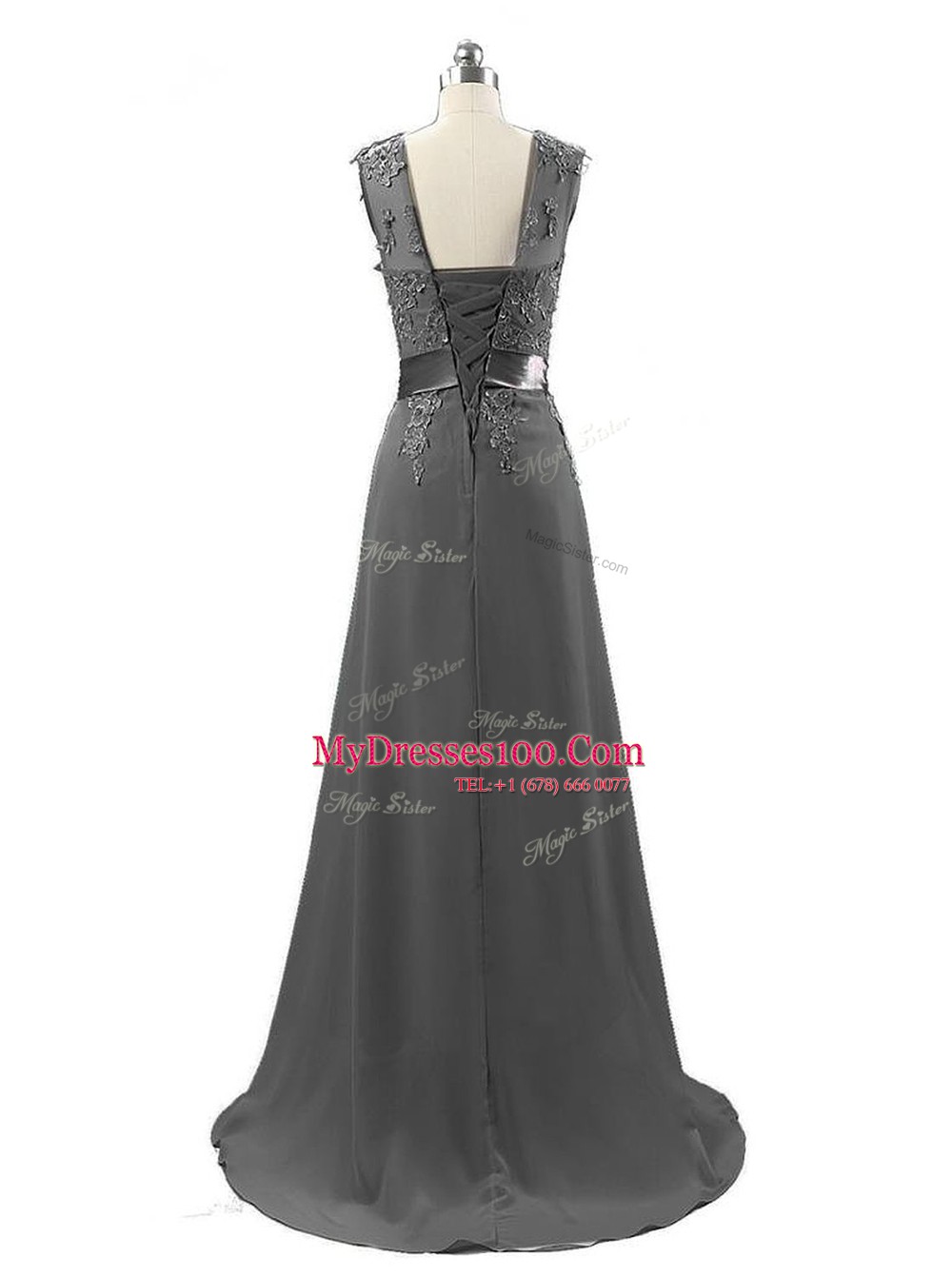 Simple Scoop Grey Chiffon Lace Up Sleeveless Brush Train Beading and Appliques
