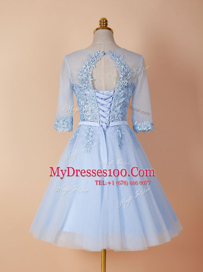 Hot Selling Scoop Backless Organza Half Sleeves Knee Length Formal Dresses and Appliques