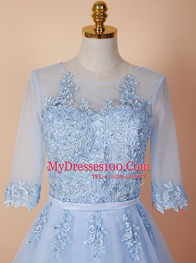 Hot Selling Scoop Backless Organza Half Sleeves Knee Length Formal Dresses and Appliques