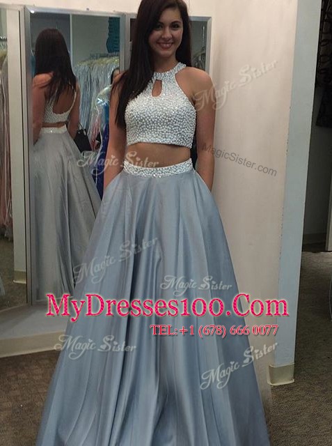 Halter Top Silver Sleeveless Satin Backless Prom Dresses for Prom and Party