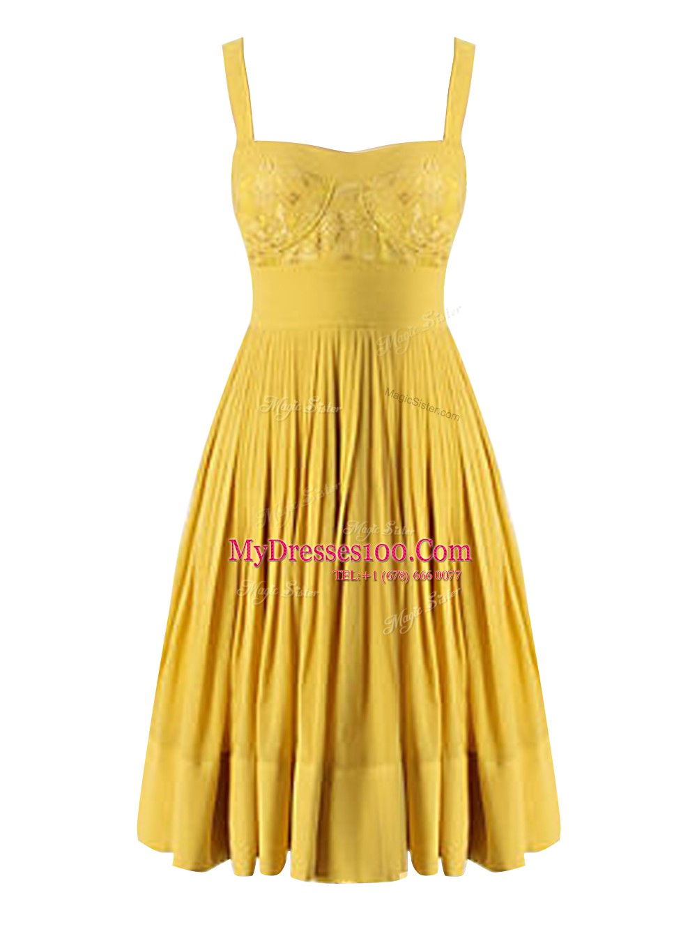 Glamorous Criss Cross Sweetheart Sleeveless Knee Length Beading and Pleated Yellow Chiffon