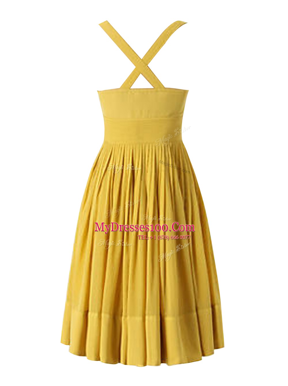 Glamorous Criss Cross Sweetheart Sleeveless Knee Length Beading and Pleated Yellow Chiffon