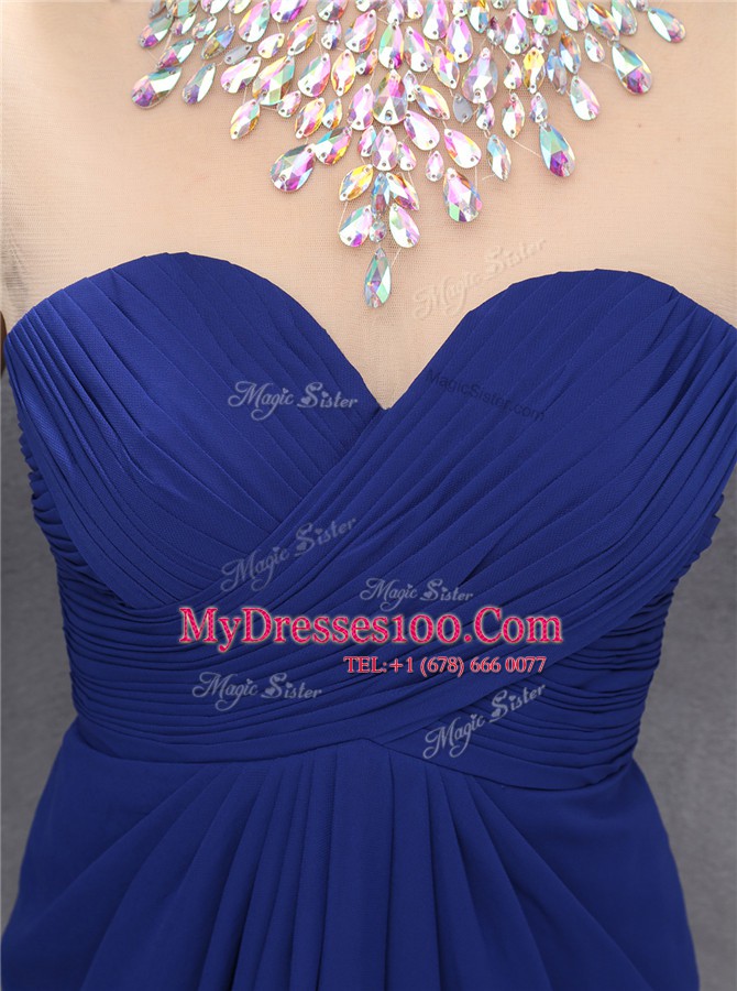 Nice Navy Blue Evening Dress Prom and For with Beading High-neck Sleeveless Zipper