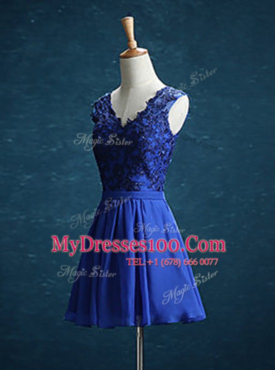 Simple V-neck Sleeveless Club Wear Mini Length Appliques Royal Blue Chiffon