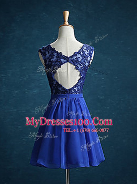 Simple V-neck Sleeveless Club Wear Mini Length Appliques Royal Blue Chiffon