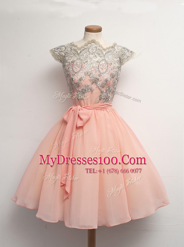 Exceptional Scalloped Appliques Homecoming Dress Peach Zipper Cap Sleeves Knee Length