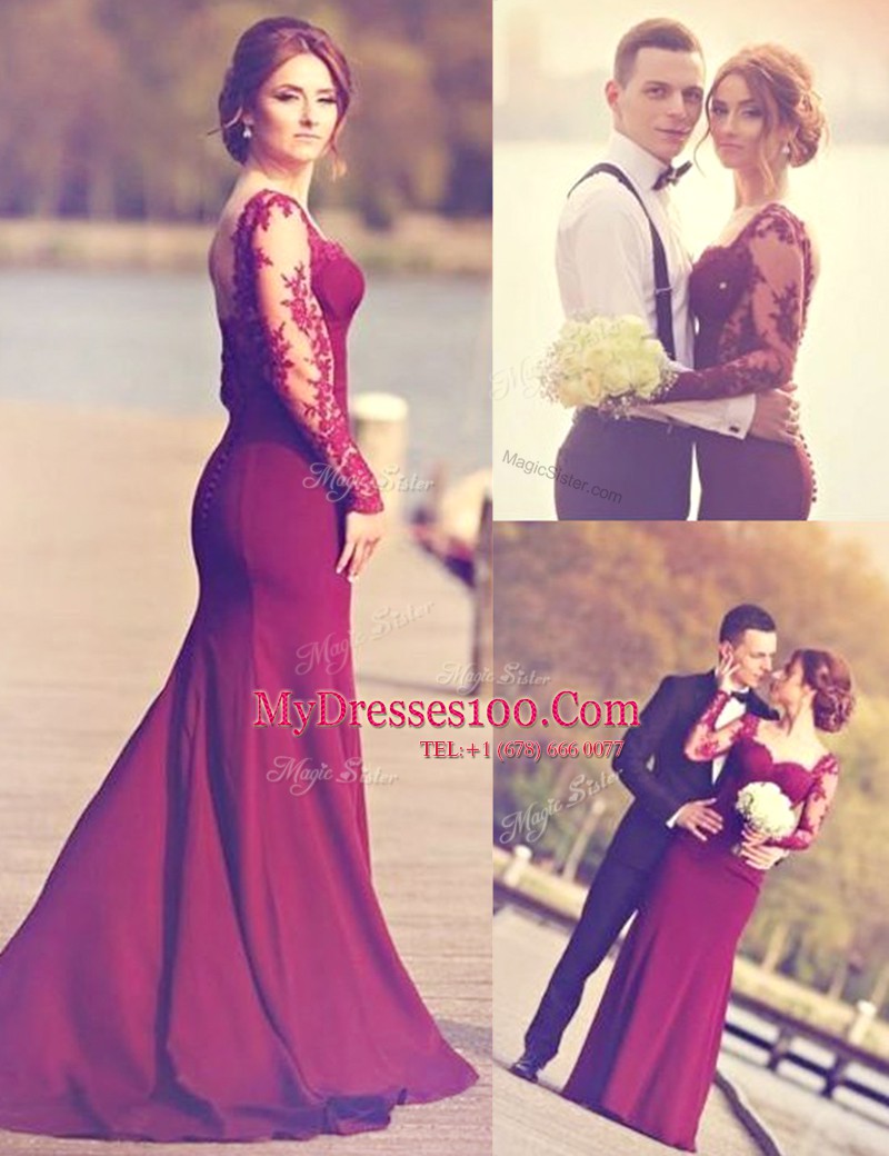 Superior Mermaid Scoop Burgundy Long Sleeves Brush Train Appliques Prom Evening Gown