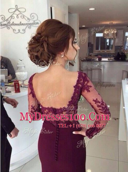 Superior Mermaid Scoop Burgundy Long Sleeves Brush Train Appliques Prom Evening Gown