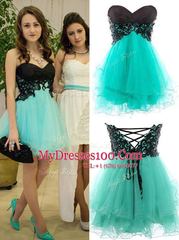 Mini Length Turquoise Tulle Sleeveless Appliques