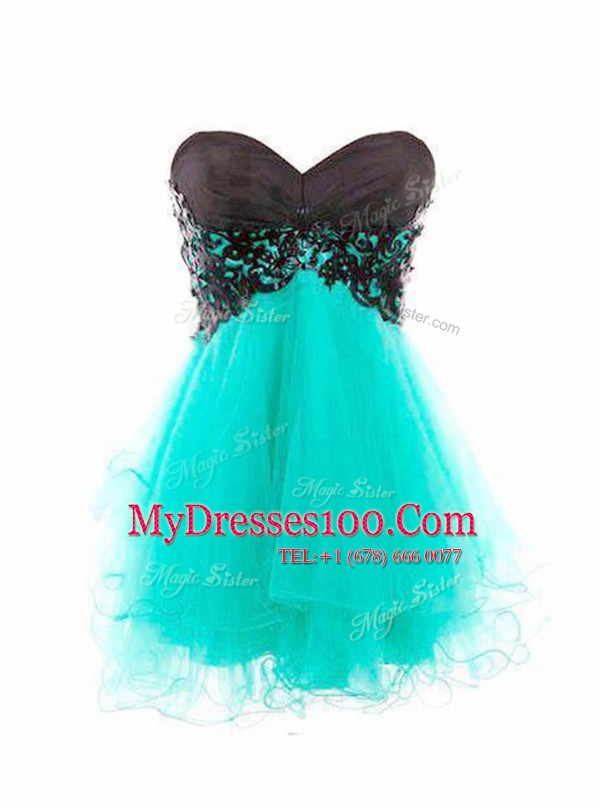 Mini Length Turquoise Tulle Sleeveless Appliques