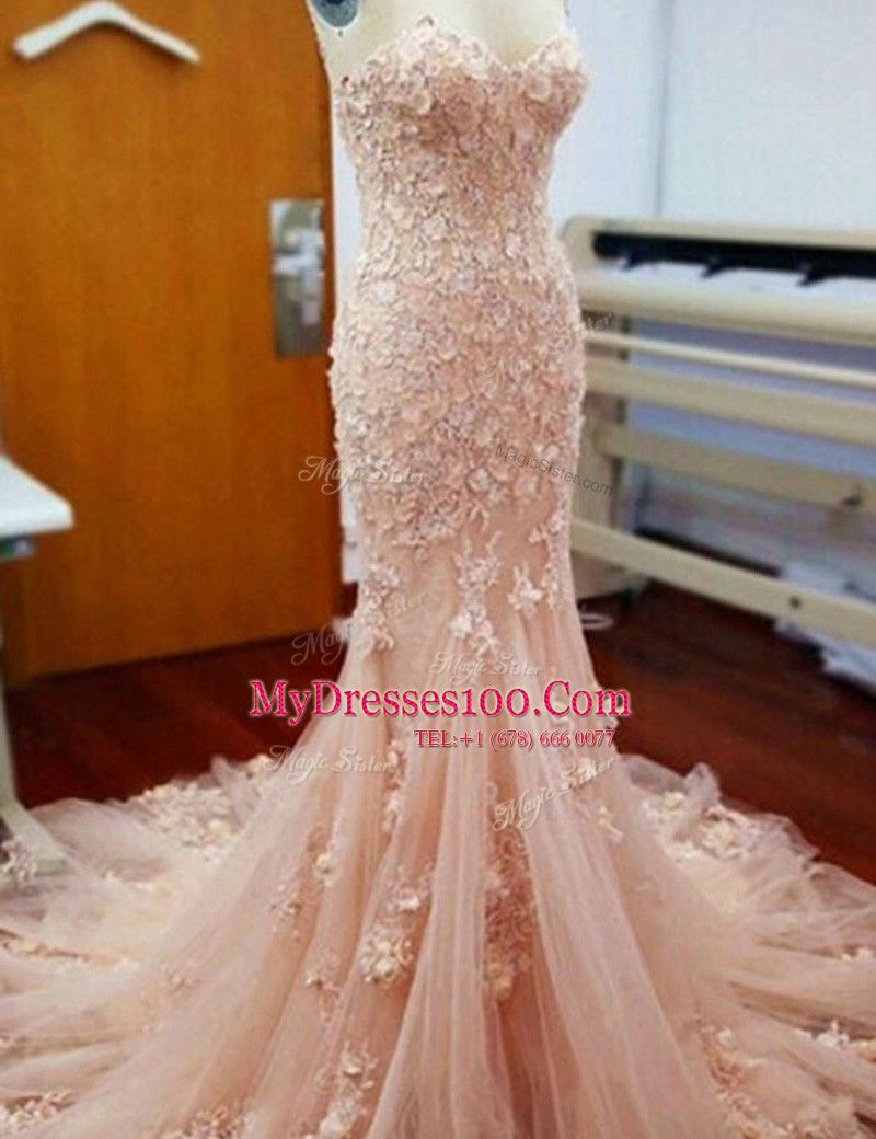 Charming Mermaid Baby Pink Tulle Zipper Prom Dress Sleeveless With Train Chapel Train Appliques