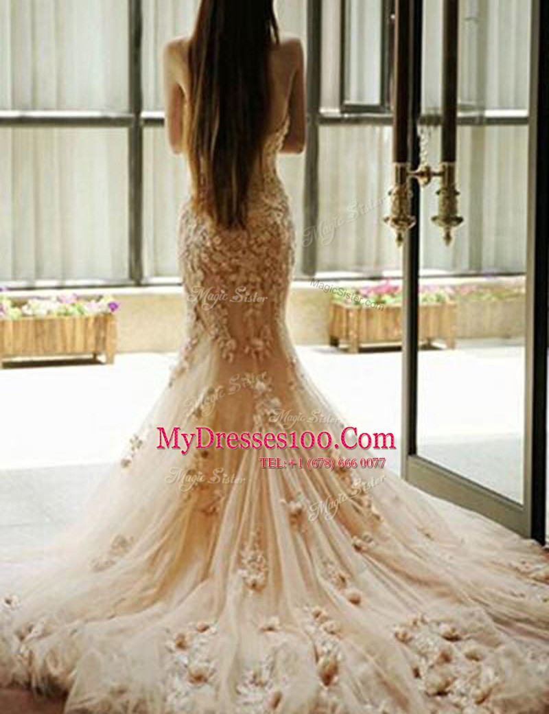 Charming Mermaid Baby Pink Tulle Zipper Prom Dress Sleeveless With Train Chapel Train Appliques