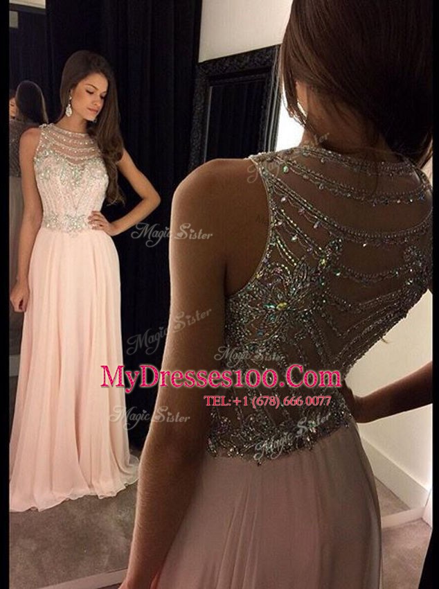 Pretty Pink A-line Chiffon Scoop Sleeveless Beading Asymmetrical Side Zipper Prom Party Dress