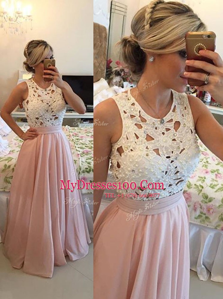 Great Baby Pink Chiffon Zipper Scoop Sleeveless Floor Length Prom Evening Gown Beading