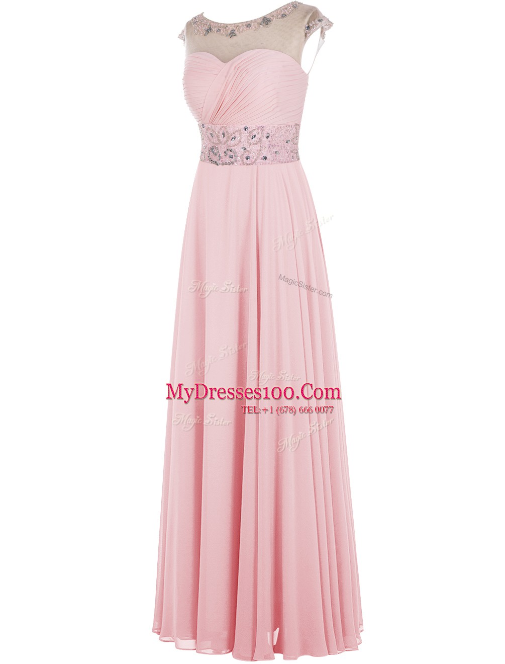 Scoop Beading Prom Evening Gown Baby Pink Zipper Sleeveless Floor Length