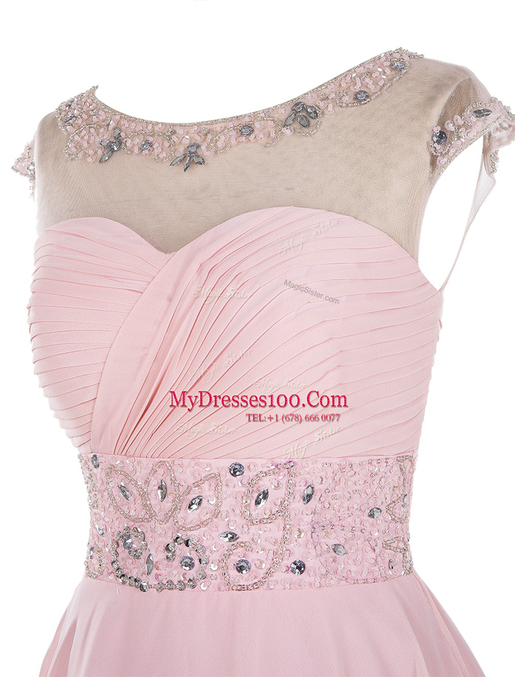 Scoop Beading Prom Evening Gown Baby Pink Zipper Sleeveless Floor Length