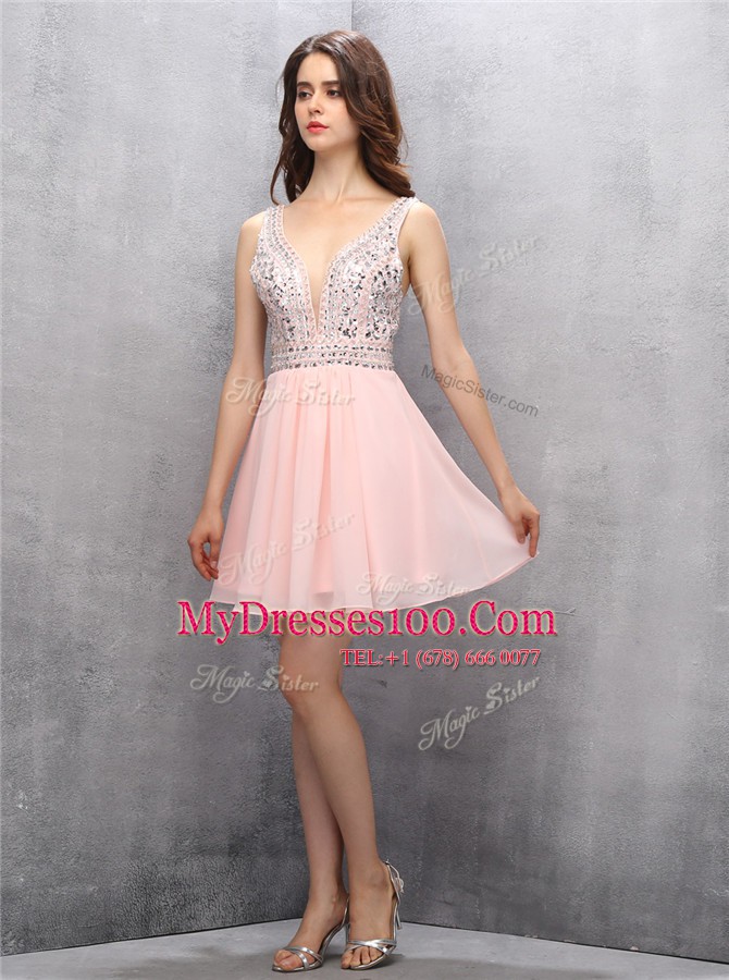 Sexy Baby Pink Chiffon Zipper V-neck Sleeveless Knee Length Cocktail Dress Beading
