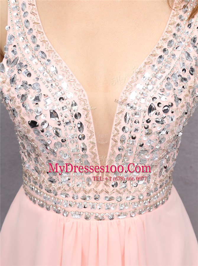 Sexy Baby Pink Chiffon Zipper V-neck Sleeveless Knee Length Cocktail Dress Beading
