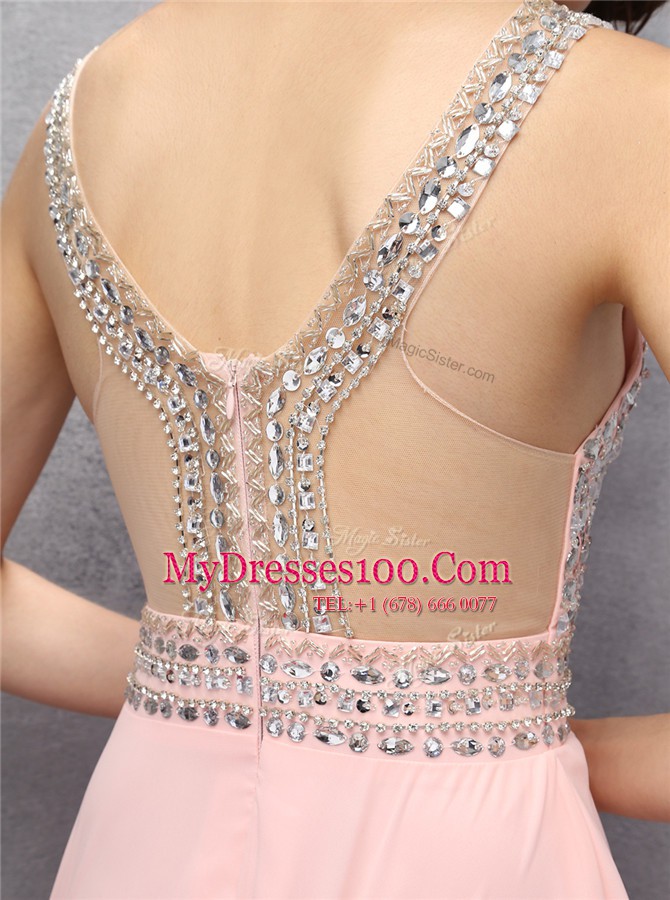 Sexy Baby Pink Chiffon Zipper V-neck Sleeveless Knee Length Cocktail Dress Beading