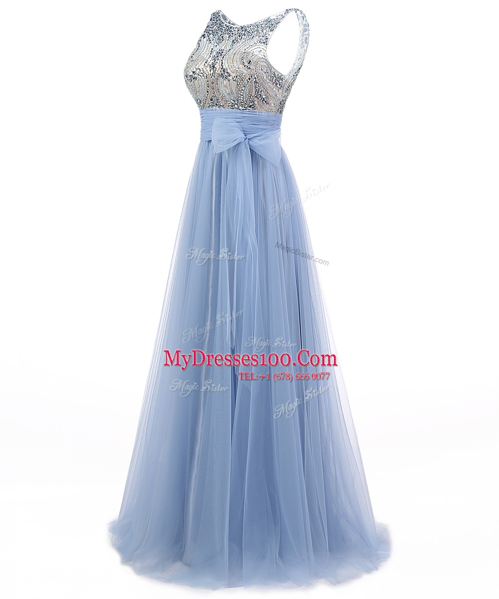 Fitting Blue Scoop Neckline Beading and Bowknot Homecoming Dress Sleeveless Backless