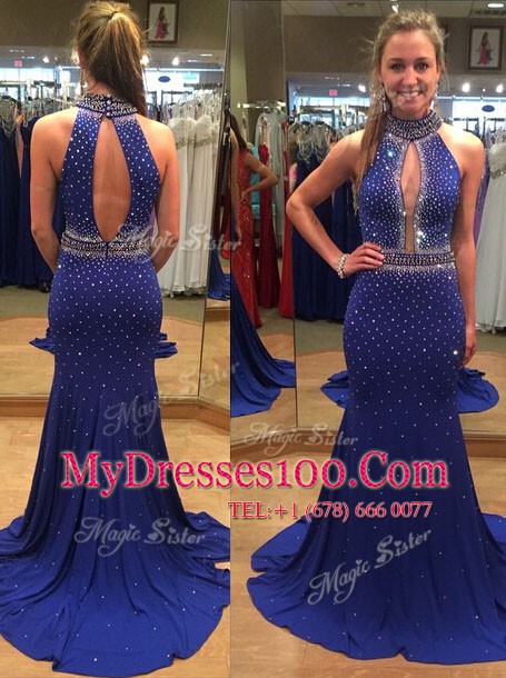 Colorful Royal Blue Mermaid Chiffon High-neck Sleeveless Sequins With Train Backless Prom Party Dress Court Train