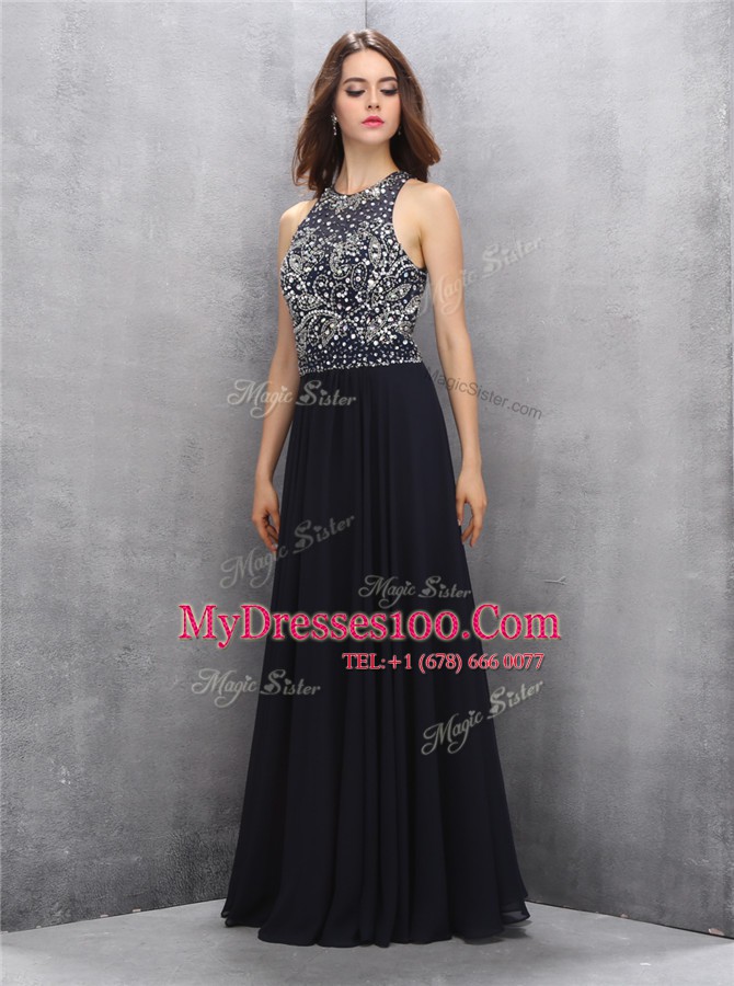 Halter Top Backless Chiffon Sleeveless Floor Length Prom Gown and Beading