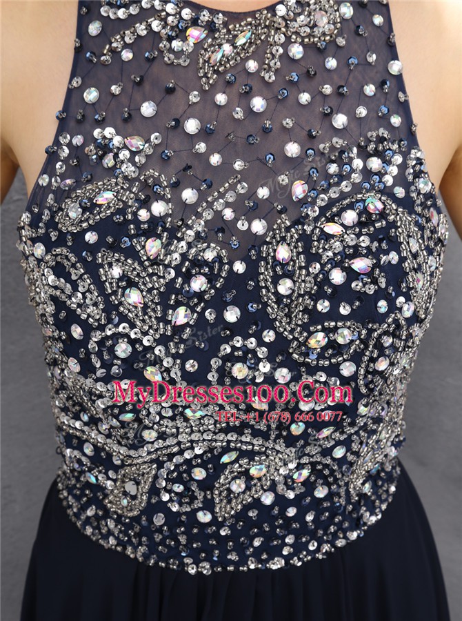 Halter Top Backless Chiffon Sleeveless Floor Length Prom Gown and Beading