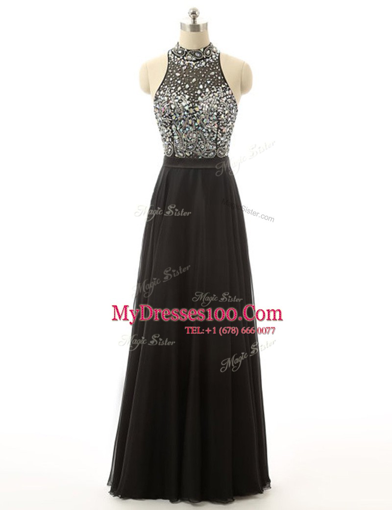 Edgy A-line Dress for Prom Black High-neck Tulle Sleeveless Floor Length Backless