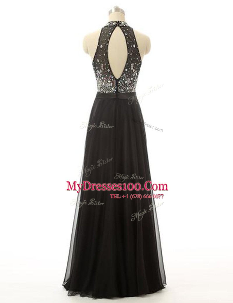 Edgy A-line Dress for Prom Black High-neck Tulle Sleeveless Floor Length Backless