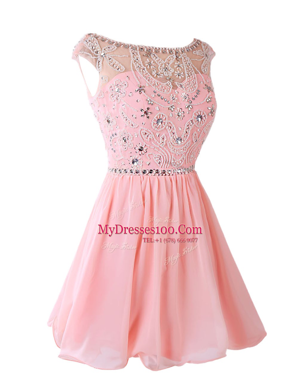 Superior A-line Prom Dresses Pink Bateau Chiffon Sleeveless Knee Length Zipper