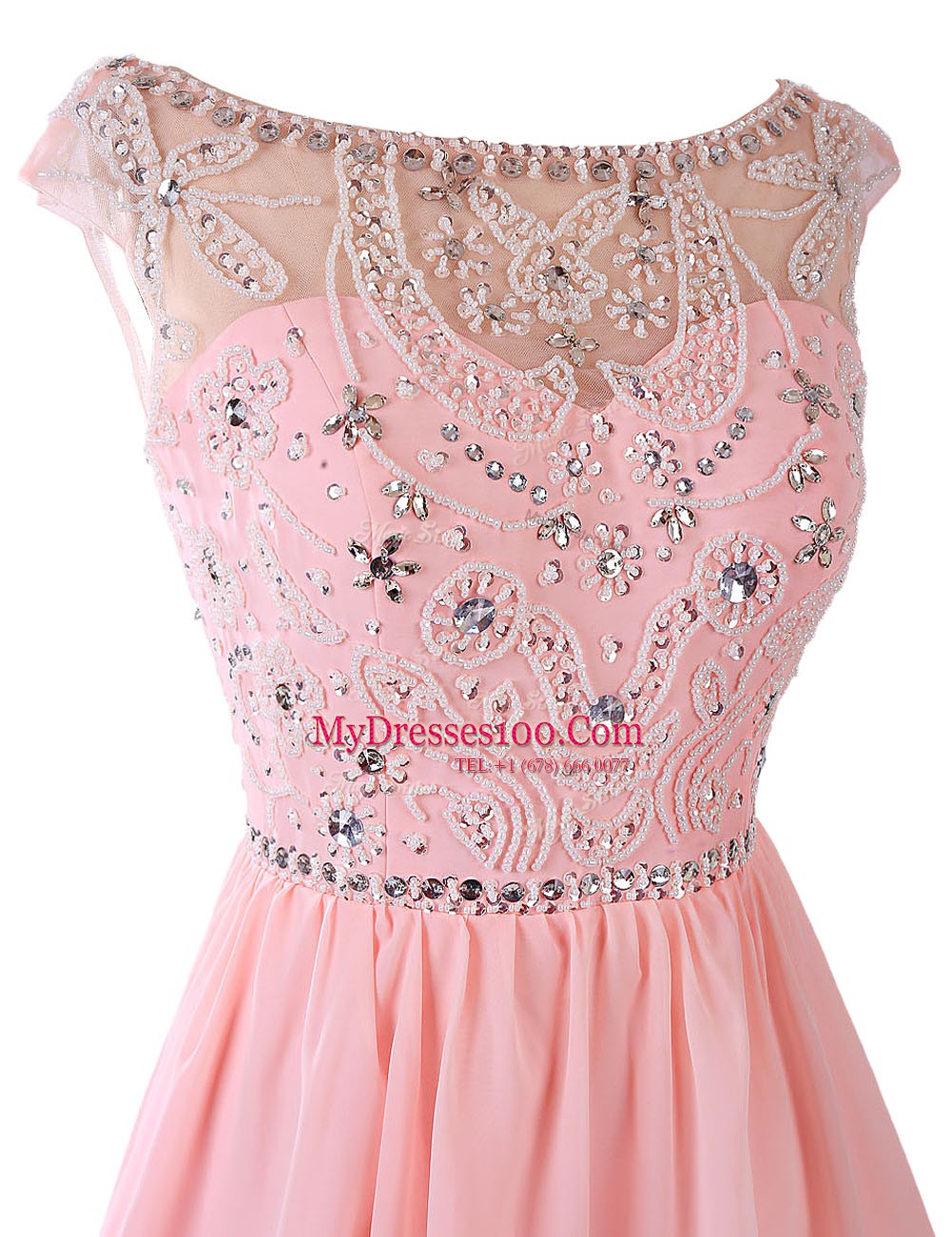 Superior A-line Prom Dresses Pink Bateau Chiffon Sleeveless Knee Length Zipper
