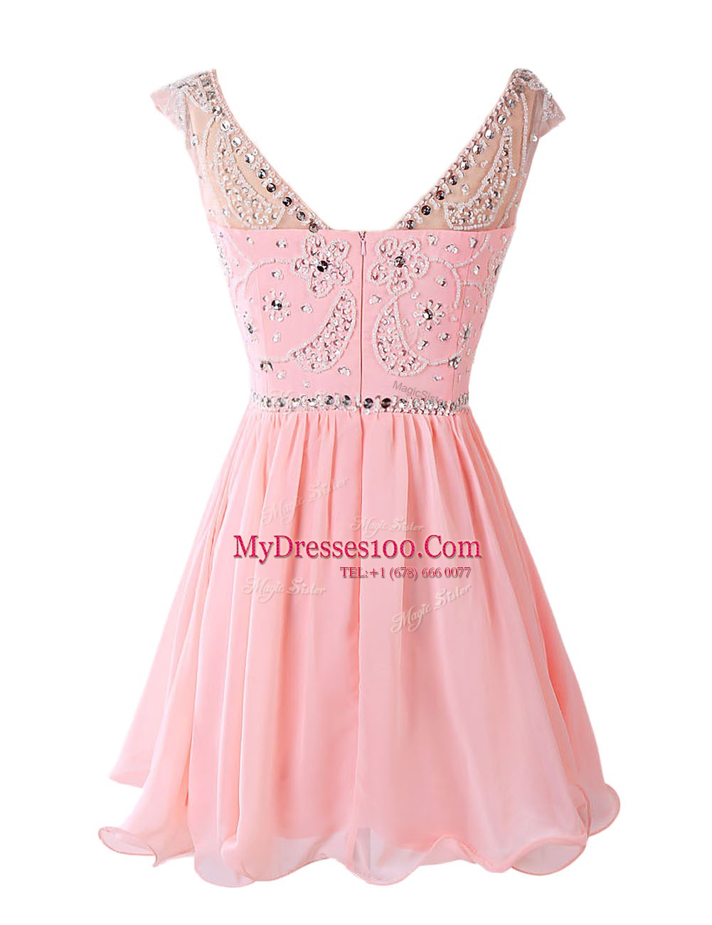 Superior A-line Prom Dresses Pink Bateau Chiffon Sleeveless Knee Length Zipper