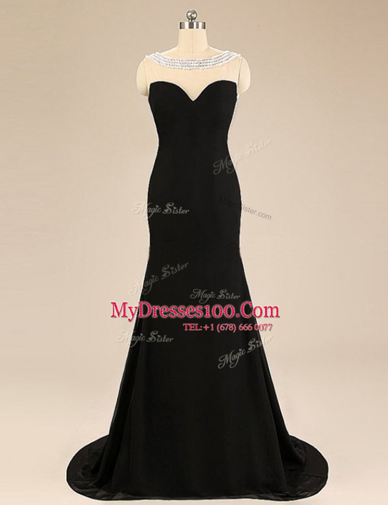 Ideal Black Backless Bateau Beading Prom Dresses Chiffon Sleeveless Brush Train