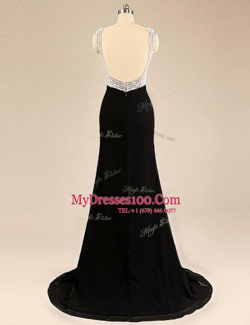 Ideal Black Backless Bateau Beading Prom Dresses Chiffon Sleeveless Brush Train