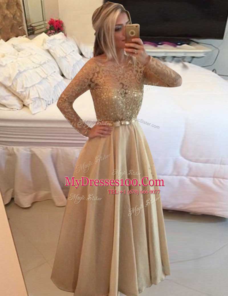 Low Price Floor Length A-line Long Sleeves Champagne Dress for Prom Zipper