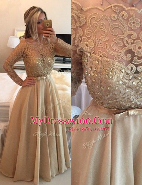 Low Price Floor Length A-line Long Sleeves Champagne Dress for Prom Zipper