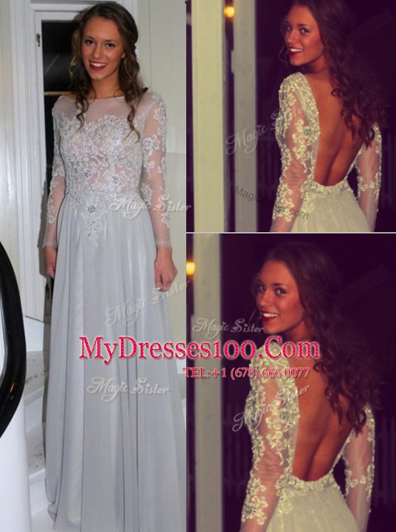 Smart Bateau Long Sleeves Backless Mother Of The Bride Dress Grey Chiffon
