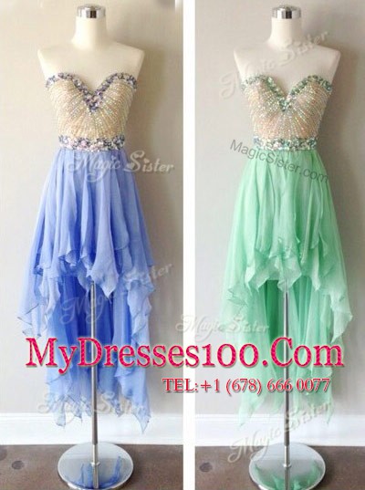 Apple Green A-line Beading Evening Dress Zipper Chiffon Sleeveless High Low