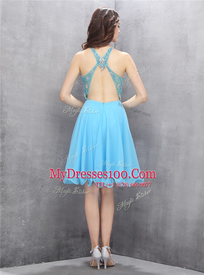 Dynamic Criss Cross Scoop Sleeveless Teens Party Dress Knee Length Beading Blue Chiffon