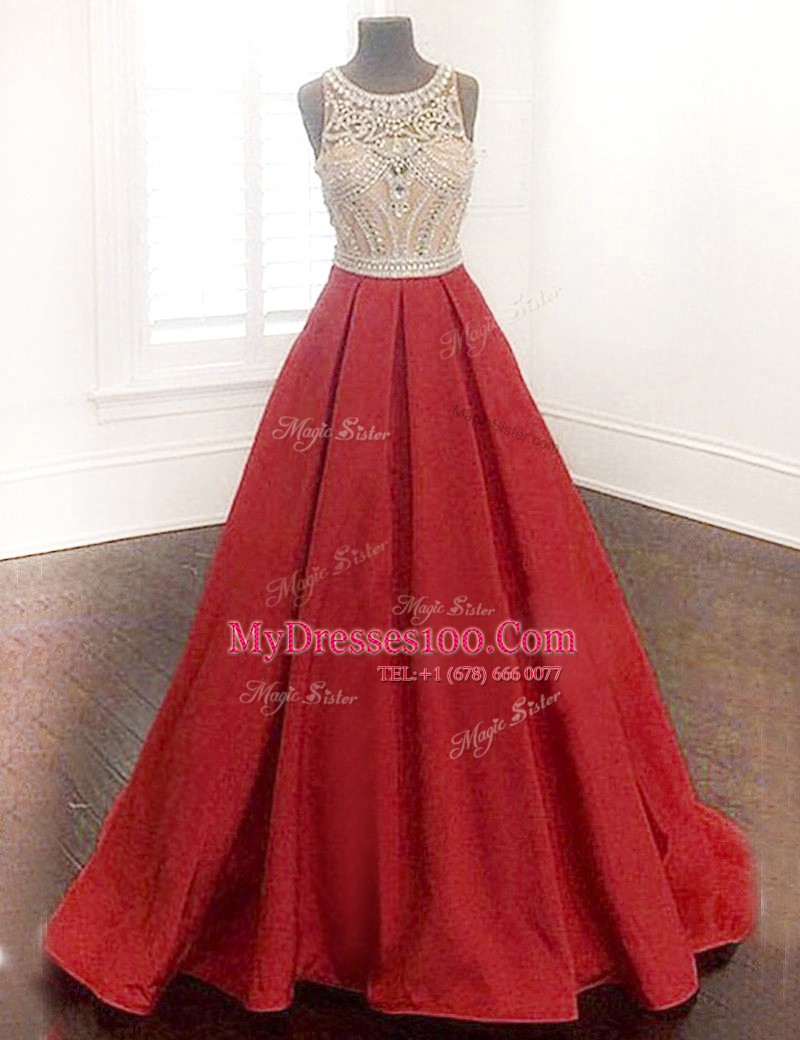 Red Scoop Neckline Beading Prom Evening Gown Sleeveless Zipper