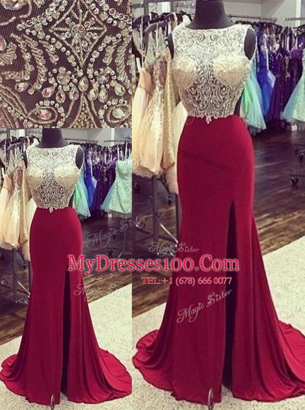 Sumptuous Mermaid Sleeveless Burgundy Evening Wear Brush Train Backless