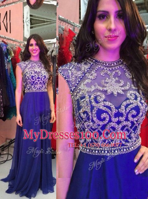 Floor Length Zipper Prom Evening Gown Royal Blue for Prom and Party with Beading
