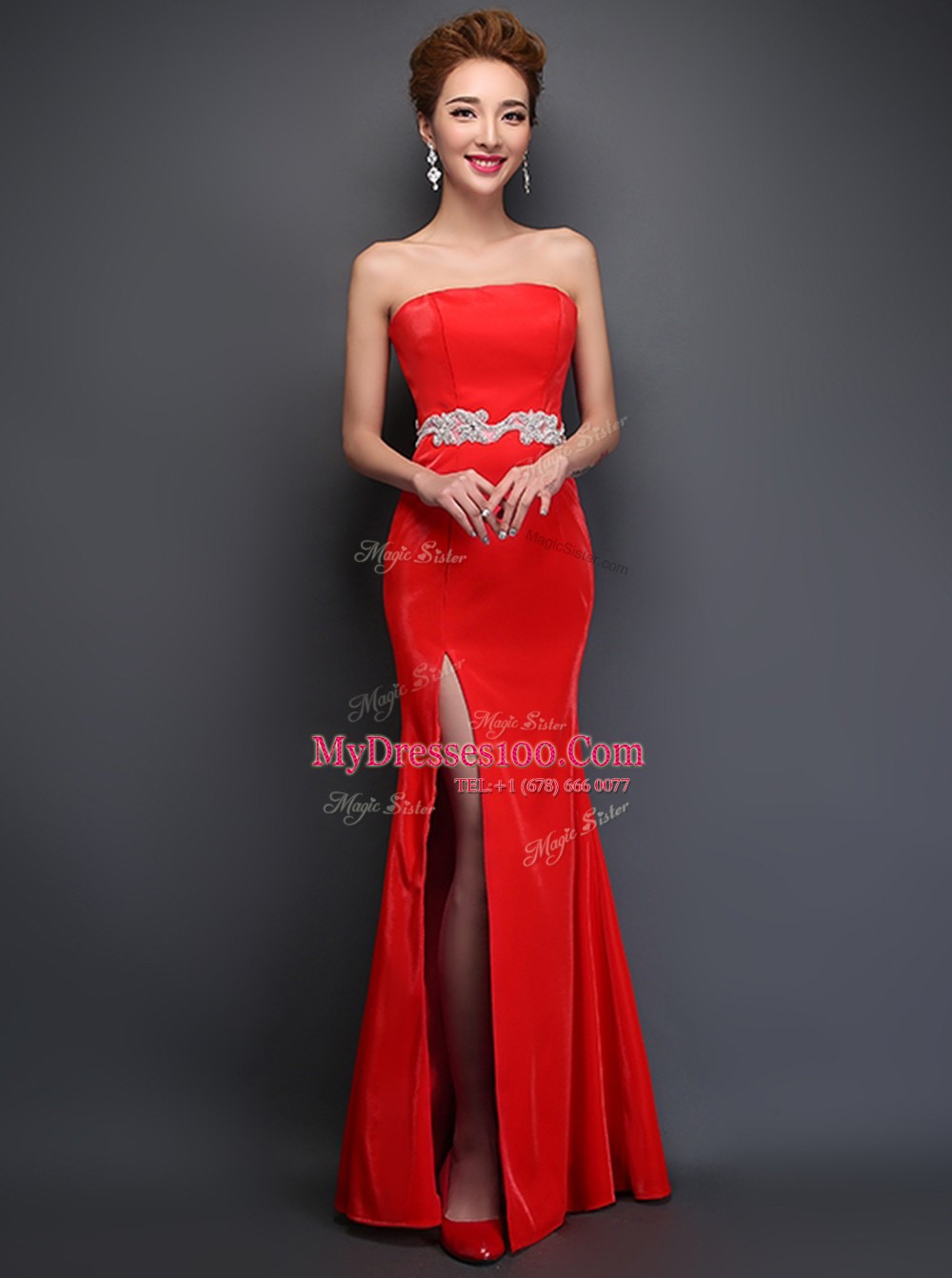 Mermaid Strapless Sleeveless Satin Prom Dresses Beading Lace Up